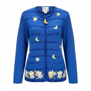 New Quacker Factory Blue Angel Moon Star Zip Cardigan Sweater Beaded Christmas S